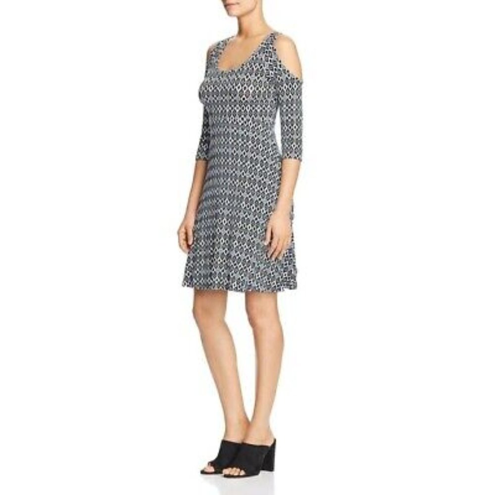 NWT Robert Michaels Womens Navy Cold Shoulder Printed Casual Dress S $108